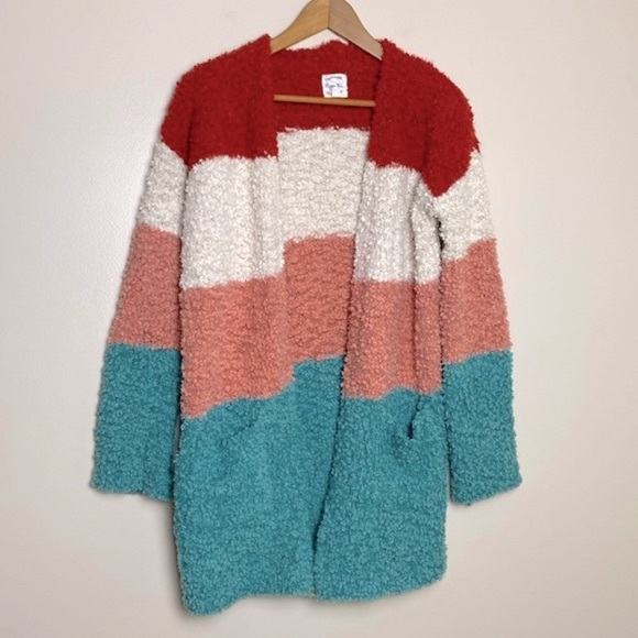 Hippie Rose Cozy Colorblocked Open Front Cardigan Fleetwood Combo Stripe Size M - Picture 2 of 11
